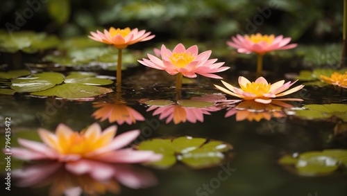 There are three pink water lilies floating on the surface of a pond. The water lilies have yellow centers and pink petals. There are green lily pads floating on the water and the water is murky.