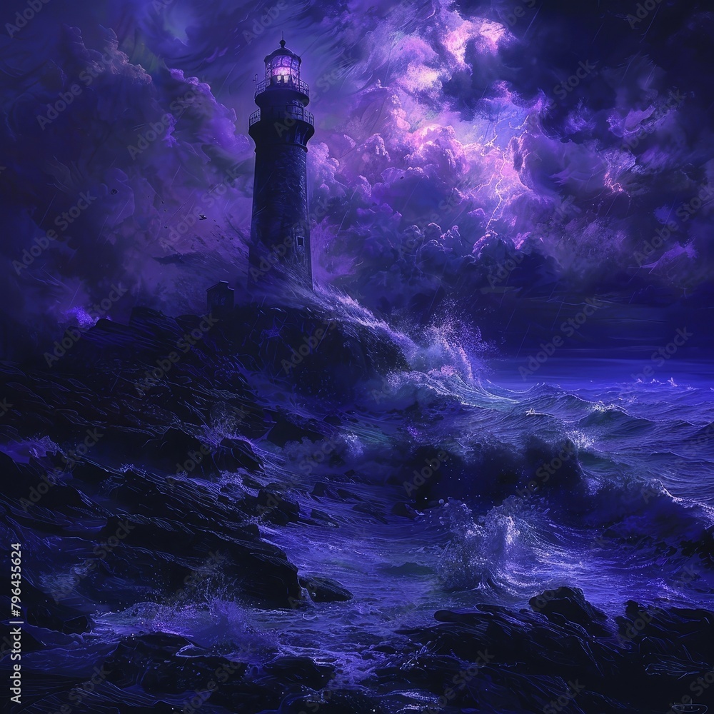 A lighthouse in a stormy sea at night, with a stormy sky and crashing waves.