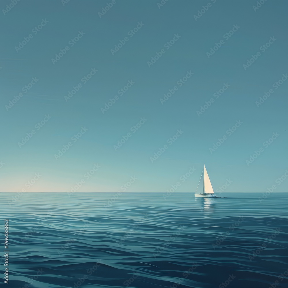 A lonely sailboat sails on a calm sea towards the horizon.