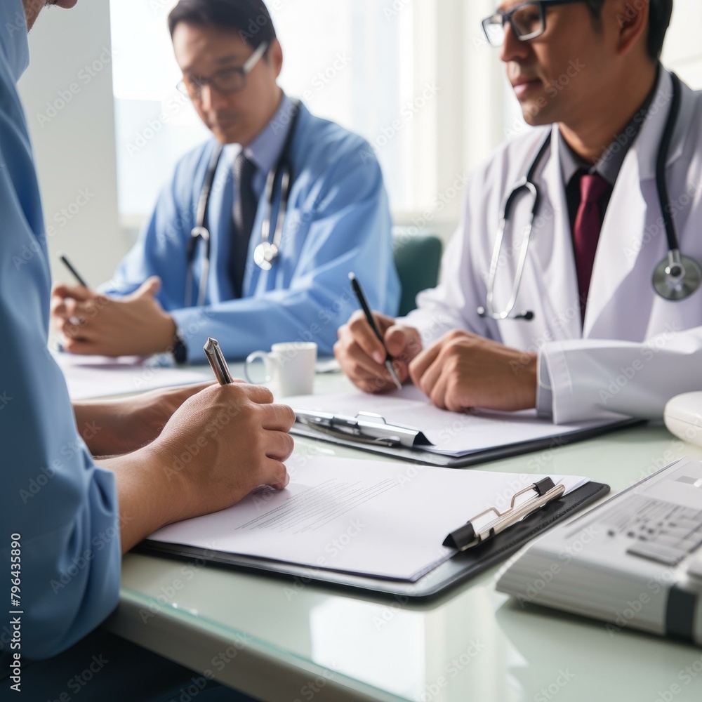 b'Doctors discussing medical report' b'Doctors discussing medical report'