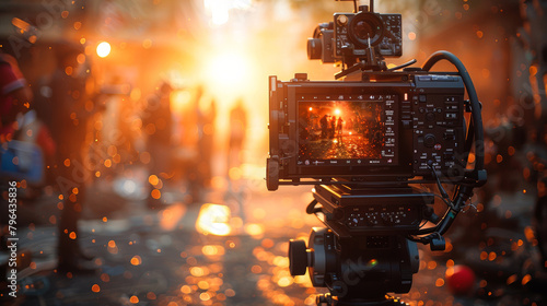 Professional film director's camera setup captures a scene on a bustling movie set, enhanced by dynamic lighting and vivid bokeh.