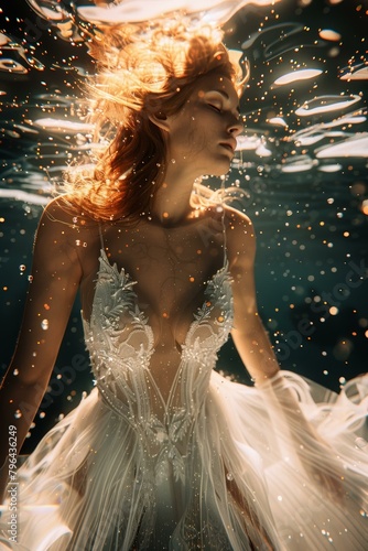 An ethereal underwater portrait of a woman in a white dress