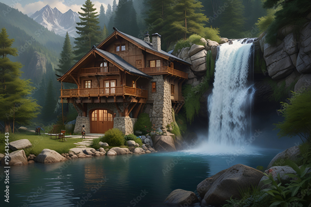 An anime-style mountain retreat with a cascading waterfall, birds soaring overhead, and a tranquil atmosphere