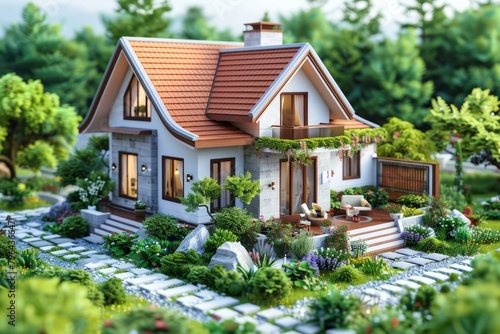 b'3D rendering of a beautiful house with a garden'