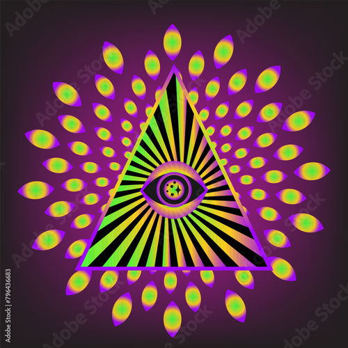 Eye optical illusion psychedelic. Lineart Vector illustration. Magic celestial witchcraft symbol. Masonic symbol. Hand drawn logo or emblem