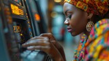 Focused African American woman uses an ATM. Captured in a vibrant outfit, she securely types her PIN, emphasizing security and cultural heritage.