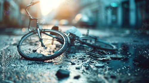 Crushed bicycle in street blured background