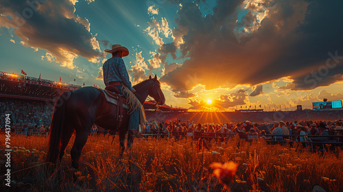 Calgary Stampede Festival in the afternoon, crowds crowd around the main arena, sunset highlights with shining cowboy outfits and majestic horses, Ai generated Images photo