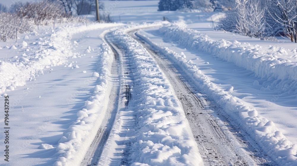 A snowcovered road the pure white blanket hiding the surface of the pavement underneath. Tire tracks show where others have braved . AI generation.