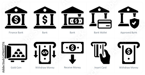 A set of 10 finance icons as finance bank, bank, bank wallet