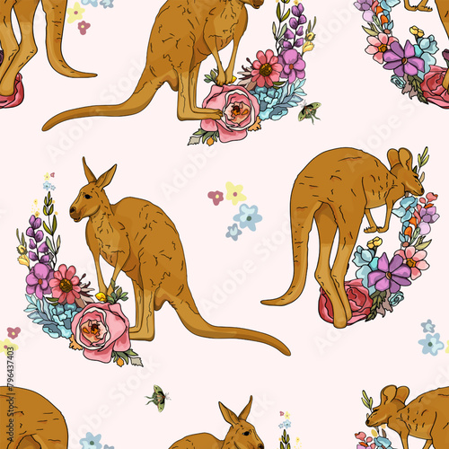 Australian kangaroo pattern. Flowers Bright animal retro pattern. For printing on prints, t-shirts, logos, sportswear, packaging paper