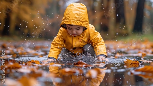 Playful young boy dressed in a bright yellow raincoat and rubber boots enjoys splashing in water puddles amid fallen autumn leaves.