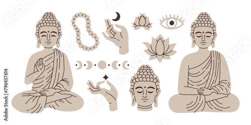 Thai buddhism Theravada silver set. Vector elements illustration for decoration, printing. Concept for poster, banner
