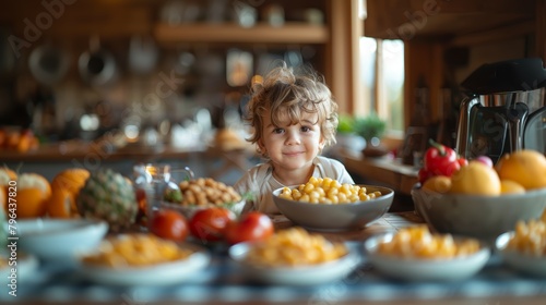 Happy little boy sitting at a kitchen table  surrounded by bowls of fresh fruits and vegetables  exuding charm and cheerful vibes.