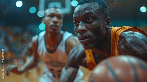 Two professional basketball players in a tense game moment. Focus and determination are evident in their expressions. The image captures the energy and competitive spirit of the sport. photo