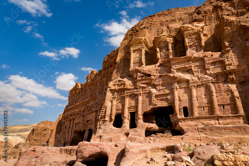 A view of the Corinthian tomb in the archeological site of Petra in Jordan