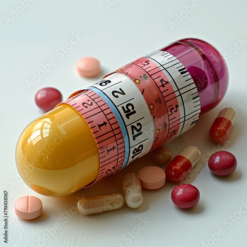 A pill bottle with a ruler on it and other pills on the table