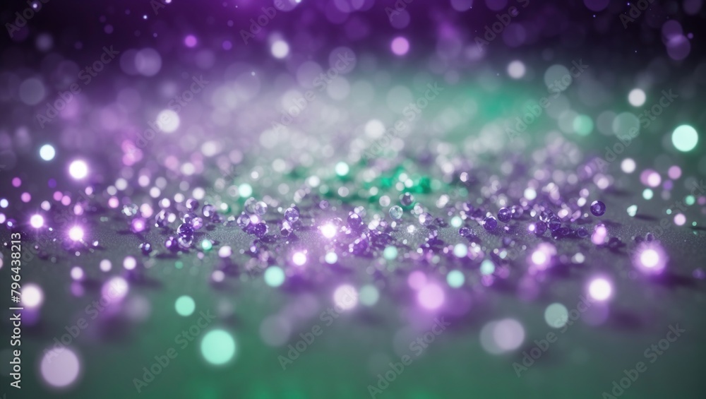 This is an image with a dark green background and many circular blurry purple and white lights in front of it.