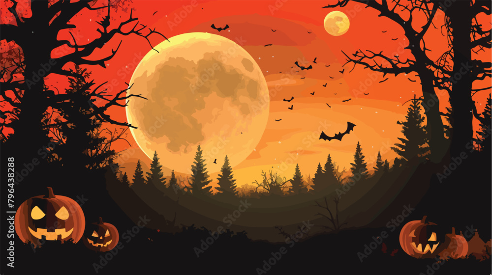 Halloween background with full moon pumpkins and tree