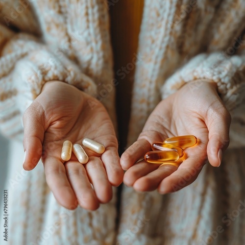 female holding two opened hands offering vitamins - in one hand are multiple vitamins, in other hand just pills