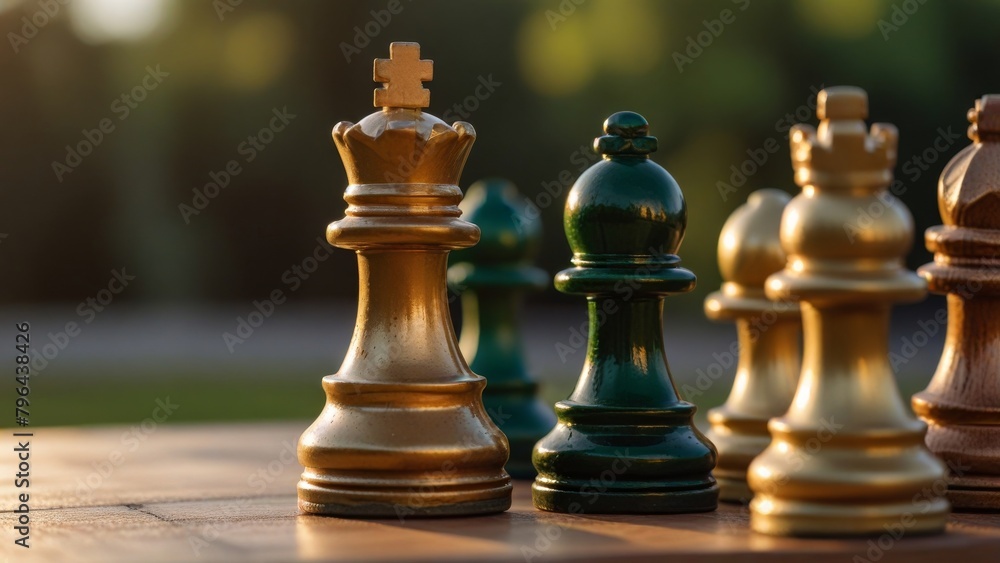 A king chess piece and chess pieces on the table outdoor. Sunny day A king chess piece and chess pieces on the table outdoor. Sunny day