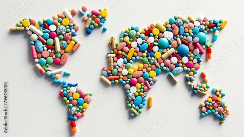 A colorful map of the world made out of different colored pills. The pills are scattered all over the map  creating a unique and artistic representation of the world