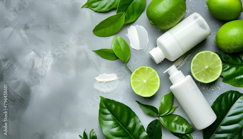 Different deodorants, leaves and lime on grunge background