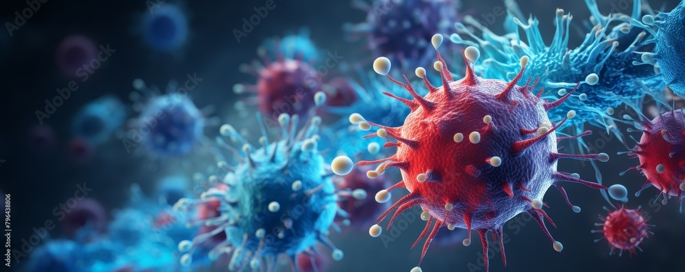A virus, with a blue and red color scheme. A virus, with a blue and red color scheme.