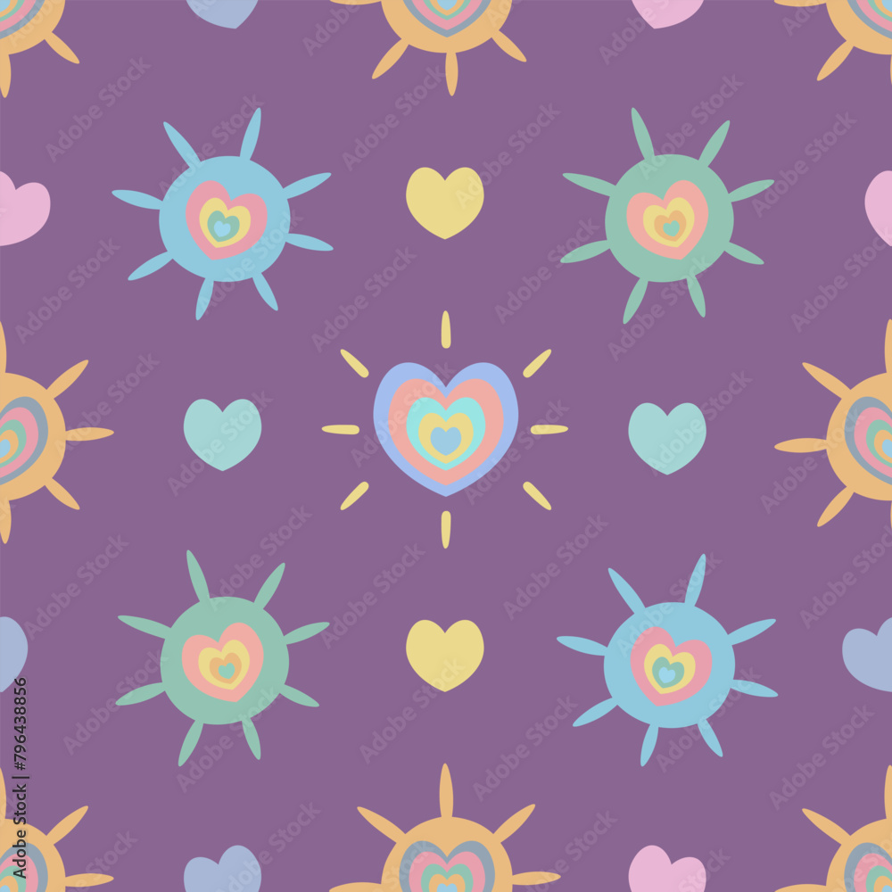 Sun and heart. Seamless vector pattern. Cute colorful symbols. Endless shining ornament. Isolated purple background. Idea for web design.