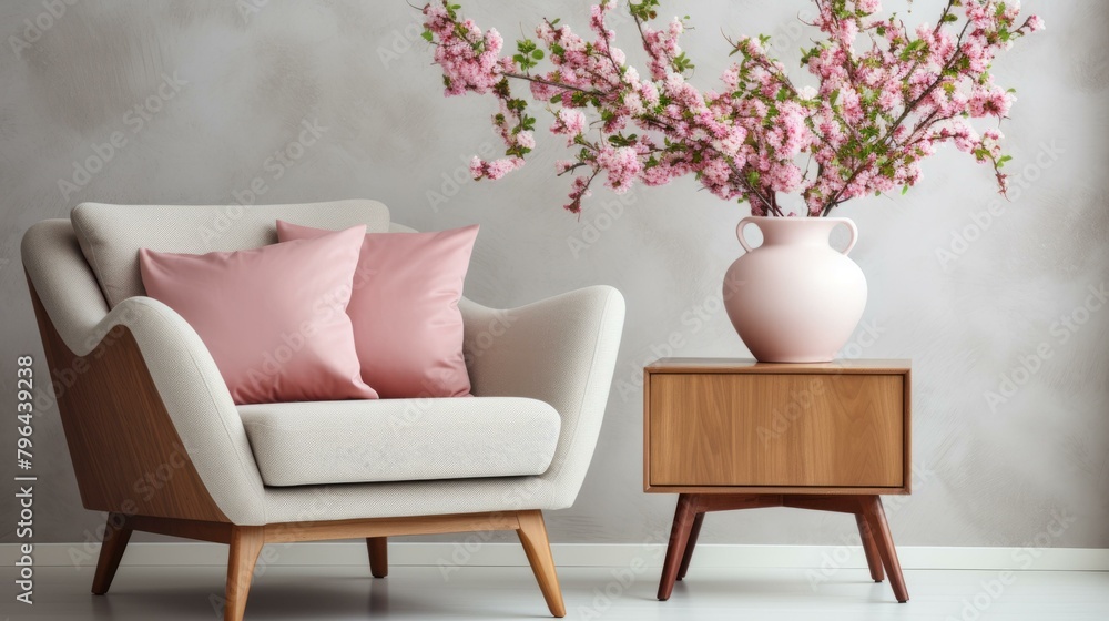 b'A Stylish Living Room with a Comfortable Armchair and a Decorative Vase of Pink Blossoms'