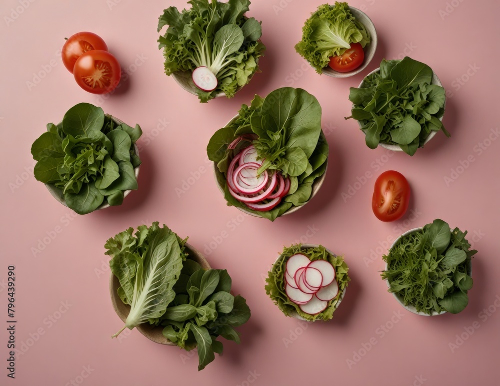 Arugula, lettuce, radish, tomato on pink background. Fresh salad ingredients 