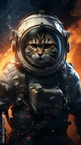 A cat wearing a space helmet with a fiery background