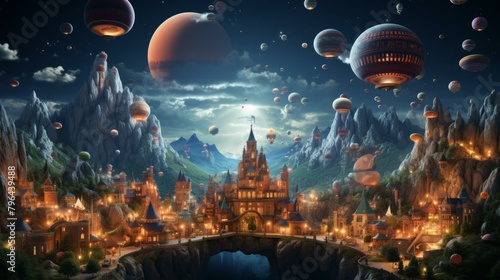 b'Fantasy city with airships flying over a mountain valley' © Adobe Contributor