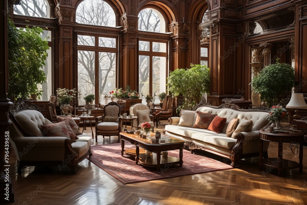 b'European style living room with large windows'