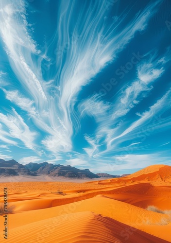 b'A Stunning Desert Landscape with Blue Sky and Orange Sand Dunes'