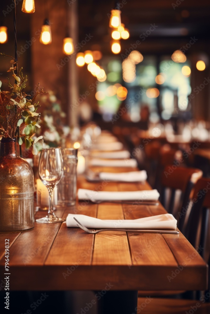 b'Rustic wooden table set for dinner in a restaurant' b'Rustic wooden table set for dinner in a restaurant'