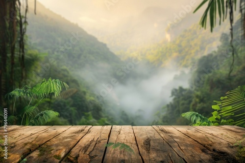 Wooden table background on a blur high green hills mountain rainforest vegetation outdoors.