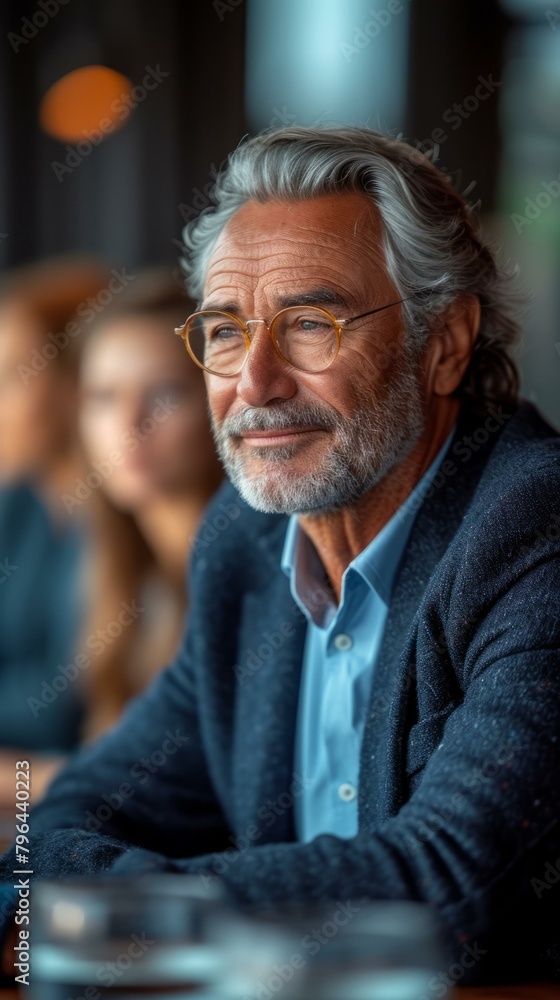b'Portrait of a smiling older man with gray hair and beard wearing glasses and a suit' b'Portrait of a smiling older man with gray hair and beard wearing glasses and a suit'
