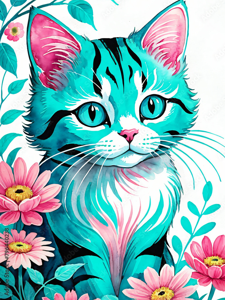 Cute floral cat Generative AI illustration 

