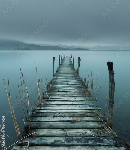 b'Wooden dock jutting out into a calm lake with gray sky and distant mountains'