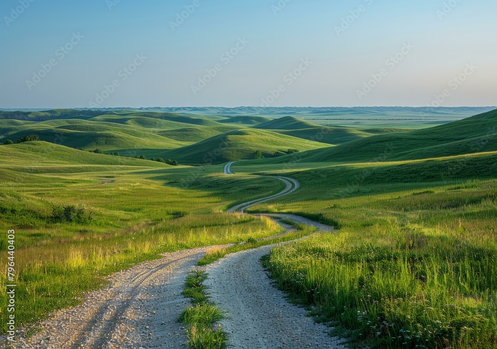 b'A dirt road winds through a lush green prairie landscape'