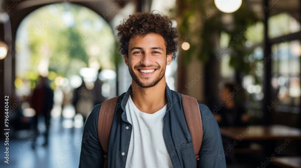 b'Portrait of a smiling young man with curly hair wearing a backpack' b'Portrait of a smiling young man with curly hair wearing a backpack'