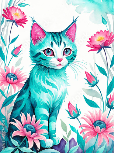 Cute floral cat Generative AI illustration    © Dmitry