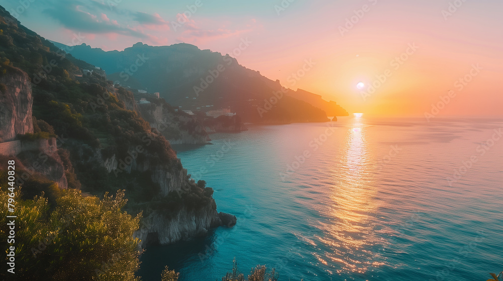 The ocean is calm and the sun is setting, creating a beautiful and serene atmosphere. The water is a deep blue color, and the sky is a mix of orange and pink hues