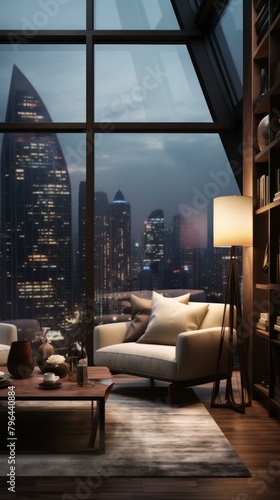 b'A cozy living room with a great view of the city'