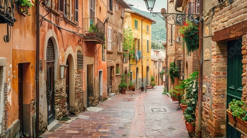 Medieval old spanish or italy village street  terracotta colors  narrow streets