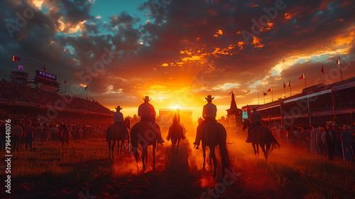 Calgary Stampede Festival in the afternoon, crowds crowd around the main arena, sunset highlights with shining cowboy outfits and majestic horses, Ai generated Images