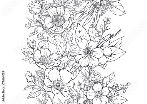 Boutonniere of wild rose flowers and berries Seamless pattern, background. Outline hand drawing vector illustration. In botanical style