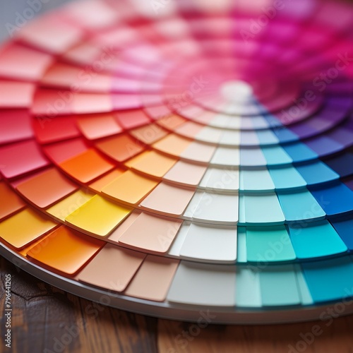 b'A circular paint swatch with many different colors arranged in a spiral pattern'