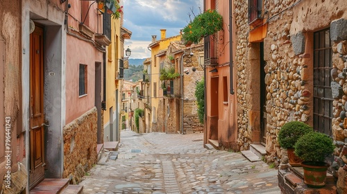 Medieval old spanish or italy village street  terracotta colors  narrow streets